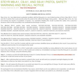 Steyr A1 series pistol recall notice 2011.09.20